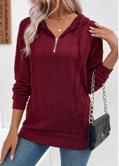 Wine Red Jacquard Drawstring Long Sleeve Hoodie | thumb picture 