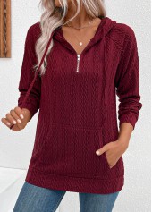 Wine Red Jacquard Drawstring Long Sleeve Hoodie | thumb picture 