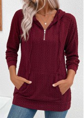 Wine Red Jacquard Drawstring Long Sleeve Hoodie