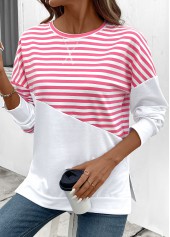 Pink Patchwork Striped Long Sleeve Round Neck Sweatshirt | thumb picture 