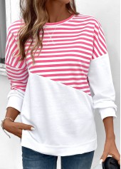 Pink Patchwork Striped Long Sleeve Round Neck Sweatshirt | thumb picture 