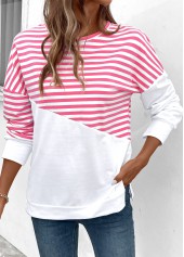 Pink Patchwork Striped Long Sleeve Round Neck Sweatshirt | thumb picture 