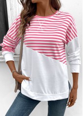 Pink Patchwork Striped Long Sleeve Round Neck Sweatshirt