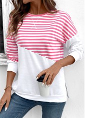 Pink Patchwork Striped Long Sleeve Round Neck Sweatshirt | thumb picture 