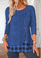 Blue Button Plaid Long Sleeve Round Neck T Shirt