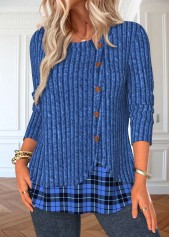 Blue Button Plaid Long Sleeve Round Neck T Shirt | thumb picture 