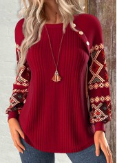 Wine Red Patchwork Tribal Print Long Sleeve Sweatshirt