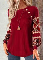 Wine Red Patchwork Tribal Print Long Sleeve Sweatshirt | thumb picture 