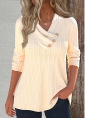Beige Button Long Sleeve Asymmetrical Neck Sweatshirt