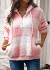 Pink Drawstring Plaid Long Sleeve Hoodie
