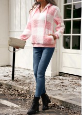 Pink Drawstring Plaid Long Sleeve Hoodie | thumb picture 