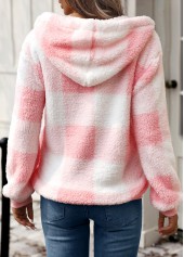 Pink Drawstring Plaid Long Sleeve Hoodie | thumb picture 