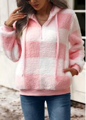 Pink Drawstring Plaid Long Sleeve Hoodie | thumb picture 