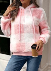 Pink Drawstring Plaid Long Sleeve Hoodie | thumb picture 