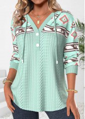 Green Patchwork Tribal Print Long Sleeve Hoodie | thumb picture 