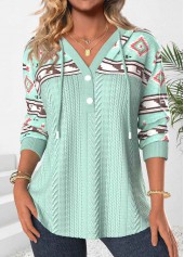 Green Patchwork Tribal Print Long Sleeve Hoodie