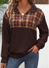 Dark Coffee Zipper Plaid Long Sleeve V Neck Sweatshirt
