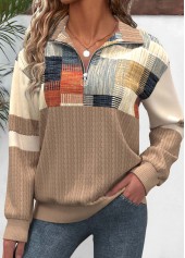 Light Camel Zipper Geometric Print Long Sleeve Sweatshirt