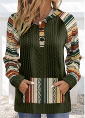 Olive Green Patchwork Tribal Print Long Sleeve Hoodie