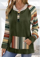Olive Green Patchwork Tribal Print Long Sleeve Hoodie | thumb picture 