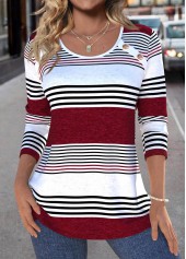 Deep Red Patchwork Striped Long Sleeve T Shirt