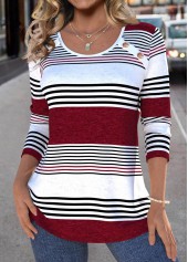 Deep Red Patchwork Striped Long Sleeve T Shirt | thumb picture 