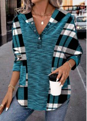 Peacock Blue Patchwork Plaid Long Sleeve Hoodie