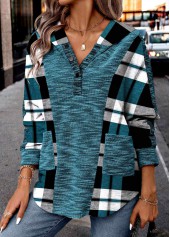 Peacock Blue Patchwork Plaid Long Sleeve Hoodie | thumb picture 