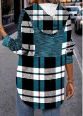 Peacock Blue Patchwork Plaid Long Sleeve Hoodie | thumb picture 