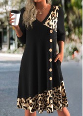 Black Button Leopard A Line 3/4 Sleeve Dress