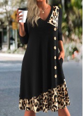 Black Button Leopard A Line 3/4 Sleeve Dress | thumb picture 