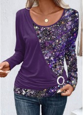 Dark Purple Patchwork Long Sleeve T Shirt | thumb picture 