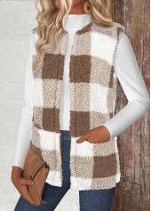 Light Camel Plaid Sleeveless Round Neck Waistcoat