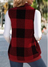 Wine Red Plush Plaid Sleeveless Stand Collar Waistcoat | thumb picture 