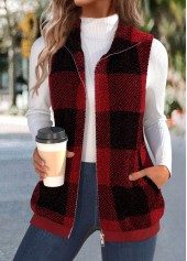 Wine Red Plush Plaid Sleeveless Stand Collar Waistcoat | thumb picture 