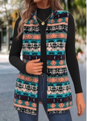 Multi Color Zipper Tribal Print Sleeveless Stand Collar Waistcoat