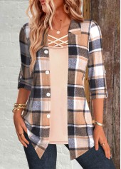 Multi Color Plaid 3/4 Sleeve Fake Two Piece Twinset
