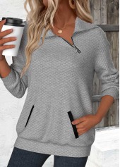 Grey Jacquard Long Sleeve Asymmetrical Neck Sweatshirt