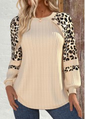 Beige Patchwork Leopard Long Sleeve Round Neck Sweatshirt