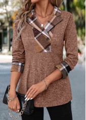 Dark Coffee Patchwork Plaid Long Sleeve Blouse
