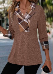 Dark Coffee Patchwork Plaid Long Sleeve Blouse | thumb picture 