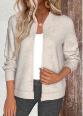 Beige Textured Fabric Long Sleeve Stand Collar Jacket