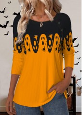 Halloween Orange Button Long Sleeve Round Neck T Shirt