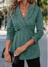 Turquoise Button Long Sleeve Turn Down Collar Blouse
