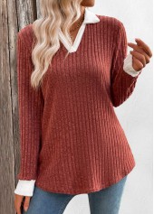 Brick Red Patchwork Long Sleeve T Shirt | thumb picture 