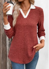 Brick Red Patchwork Long Sleeve T Shirt
