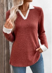 Brick Red Patchwork Long Sleeve T Shirt | thumb picture 
