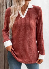 Brick Red Patchwork Long Sleeve T Shirt | thumb picture 