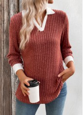 Brick Red Patchwork Long Sleeve T Shirt | thumb picture 