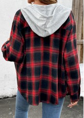 Red Drawstring Plaid Long Sleeve Hoodie | thumb picture 